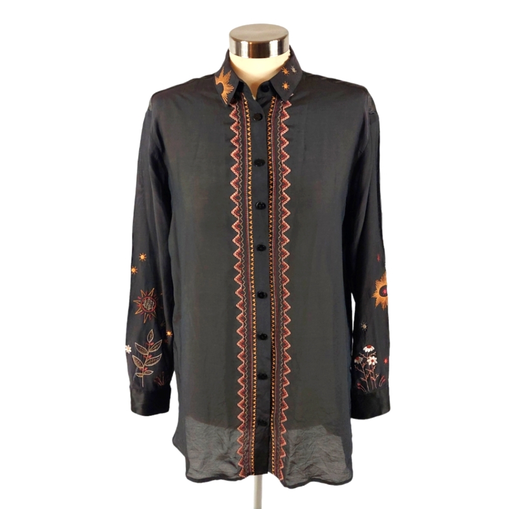 Johnny Was CALME Black Silk Blend Embroidered Long Sleeve Blouse